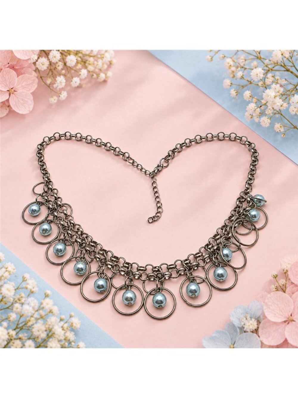 Baby Blue Faux Pearl Circle Charm Bib Necklace Silver Tone Layered 20"